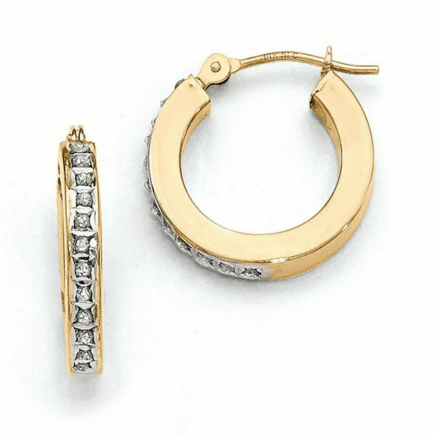 14k Yellow Gold Diamond Fascination Leverback Hinged Hoop Earrings 16mm x 2mm 
